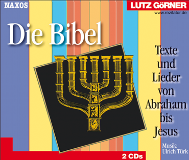 CD-Cover mit dem Titel "Die Bibel", einem goldenen Leuchter auf schwarzem Hintergrund und bunten vertikalen Streifen im Hintergrund. Text: "Texte und Lieder von Abraham bis Jesus".