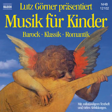 CD-Cover mit einer Abbildung eines Engels mit bunten Fl&uuml;geln spielt eine Laute vor einem blauen Himmel. Oben steht der Text "Lutz G&ouml;rner pr&auml;sentiert Musik f&uuml;r Kinder Barock - Klassik - Romantik".