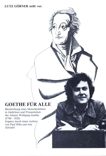 Schwarz-wei&szlig;es Buchcover mit einer Zeichnung Goethes oben und einem Foto einer anderen Person unten. Text: "Goethe f&uuml;r alle" und weitere Informationen.
